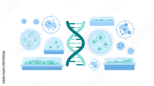 Innovative science design featuring DNA and cell cultures for medical research concepts and scientific advancement in a modern, minimalist style