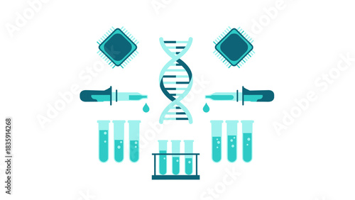 Innovative biotechnology research with DNA, chips, pipettes, and test tubes for cutting-edge scientific exploration, discovery, and medical breakthroughs