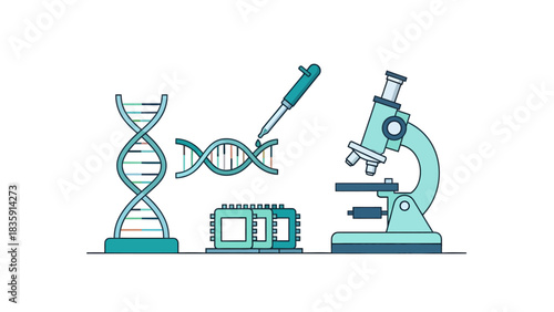 Cutting-edge research and technology for modern science breakthroughs featuring vibrant DNA, pipette, microscope and chips for medical advances