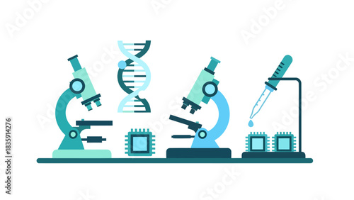Innovative science research tools and DNA helix for medical advancement and cutting-edge technology development in modern laboratory setting