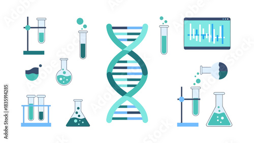 Explore cutting-edge research with vibrant science lab elements and DNA model for innovative presentations and educational materials, capturing modern science