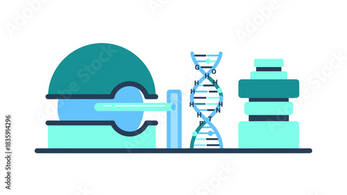 Modern abstract illustration of DNA, MRI machine, and laboratory equipment for science research and medical innovation in vibrant blue tones