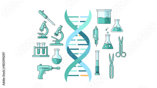 Explore cutting-edge science with this sleek, modern DNA helix and lab equipment illustration for educational or medical technology materials today!