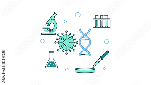 Explore the world of science with this modern illustration showcasing DNA, virus, microscope, and laboratory equipment for innovative designs