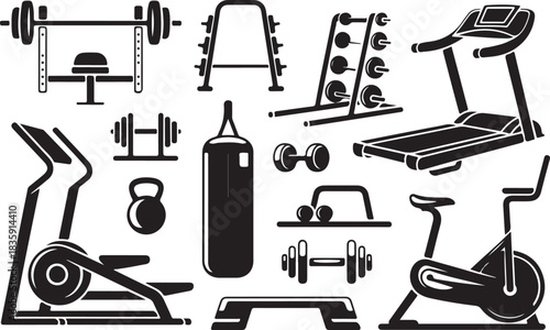 Gym equipment icon set including fitness machines, weights, benches, treadmills, and exercise tools in black silhouette vector style
