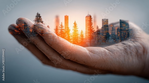 Hand Holding City Skyline at Sunset with Bright Lights and Tall Buildings