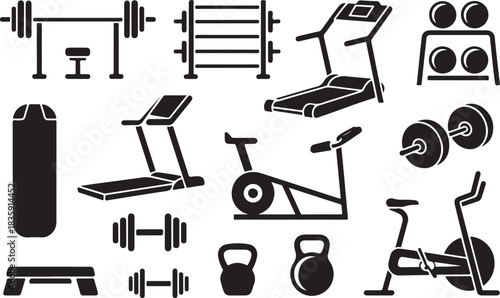 Gym equipment icon set including fitness machines, weights, benches, treadmills, and exercise tools in black silhouette vector style