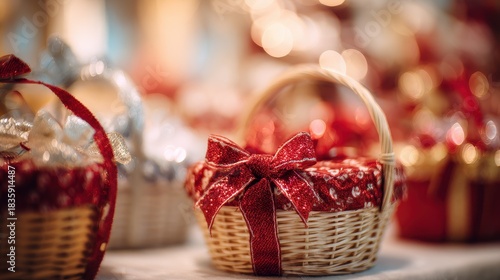 Soft focus and background blurred Gift Baskets, Gift set .Holiday and Christmas and New year present Concept
