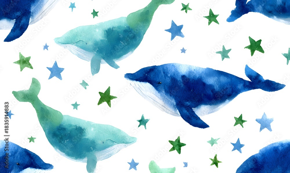 Naklejka premium a seamless pattern with watercolor blue whales, their colors creating a stunning contrast on a white background