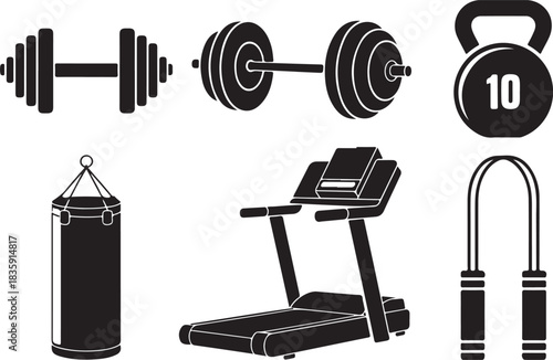 Gym fitness equipment silhouette set, dumbbell, barbell, kettlebell, treadmill, punching bag, jump rope, black vector illustration, workout training design
