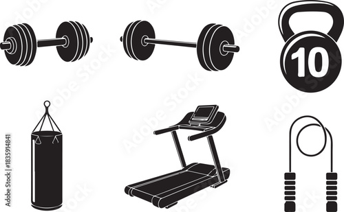 Gym fitness equipment silhouette set, dumbbell, barbell, kettlebell, treadmill, punching bag, jump rope, black vector illustration, workout training design
