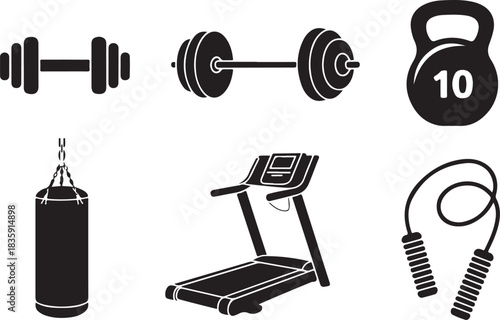 Gym fitness equipment silhouette set, dumbbell, barbell, kettlebell, treadmill, punching bag, jump rope, black vector illustration, workout training design