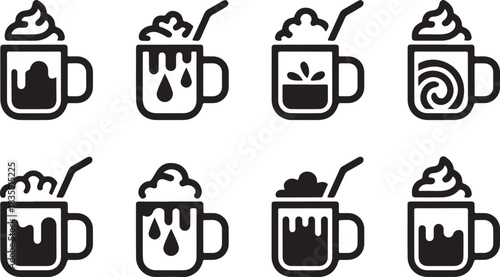 Hot chocolate simple vector icon set. christmas silhouette icons on black color and white background. 