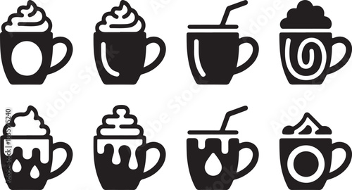 Hot chocolate simple vector icon set. christmas silhouette icons on black color and white background. 