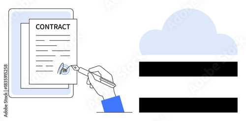 Hand signing a contract on paper beside a cloud icon, symbolizing secure digital storage. Ideal for legal documents, contract management, e-signature solutions, data protection, cloud services