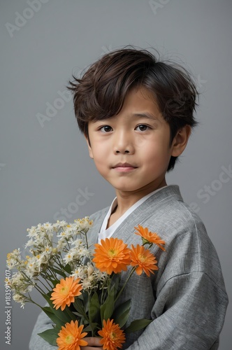 Wallpaper Mural Portrait of Japanese boy plain gray background, cute boy holding a bouquet of flowers Torontodigital.ca