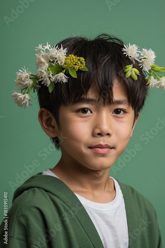 Wallpaper Mural Portrait of Japanese boy plain green background, cute boy holding a bouquet of flowers Torontodigital.ca