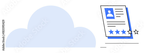 Cloud connected with a user profile document featuring a headshot, text details, and a star rating. Ideal for data storage, user management, reviews, evaluation, networking, profiles minimal flat