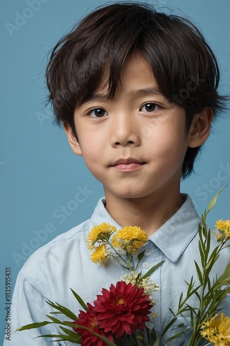 Wallpaper Mural Portrait of Japanese boy plain blue background, cute boy holding a bouquet of flowers Torontodigital.ca