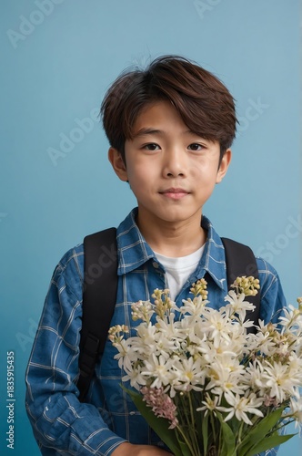 Wallpaper Mural Portrait of Japanese boy plain blue background, cute boy holding a bouquet of flowers Torontodigital.ca