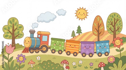Cute Colorful Vector Train Traveling Through Landscape on White Background - Holiday Journey