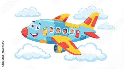Cute Colorful Vector Airplane Flying with Clouds on White Background - Happy Holiday Travel Concept