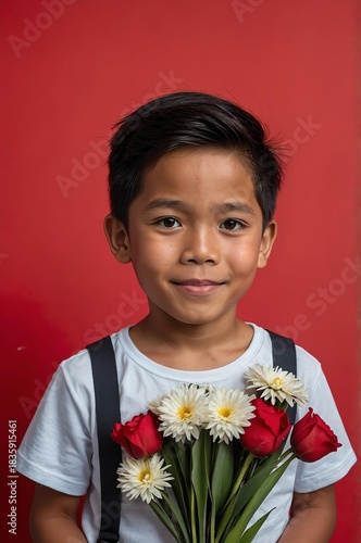 Wallpaper Mural Portrait of Filipino boy plain red background, cute boy holding a bouquet of flowers Torontodigital.ca