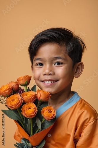 Wallpaper Mural Portrait of Filipino boy plain orange background, cute boy holding a bouquet of flowers Torontodigital.ca
