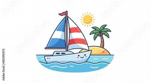 Cute Colorful Vector Sailboat on Ocean Waves with Island - Tropical Holiday Getaway