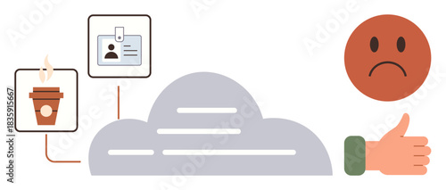Coffee cup and ID card visually connected by a network cloud, with a sad face on one side and a hand showing approval. Ideal for emotions, decision-making, communication, networking, lifestyle