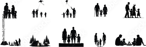 Collection of silhouette illustrations featuring families of varying sizes and poses on white