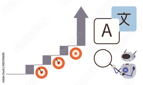 Four-step upward chart ending in target icons, arrow represents progress. Blocks show letters and multilingual text, AI robot analyzing data with magnifying glass. Ideal for technology, language