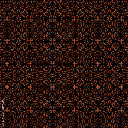 An abstract seamless pattern that combines floral and geometric motifs. The design is intricate yet symmetrical, created with flowing, curved lines in orange or reddish-orange.