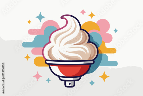 A vibrant vector illustration of a whipped cream sundae in a bowl, surrounded by a colorful and energetic backdrop. Perfect for creating fun and engaging designs around desserts.