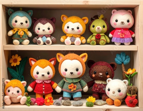Handmade felt animal dolls on shelf