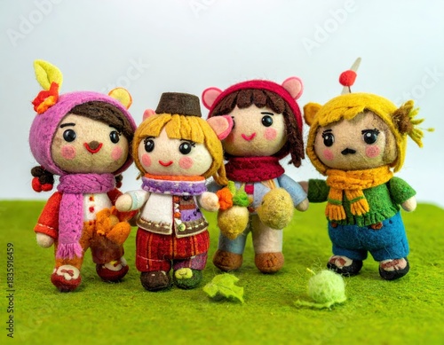 Handmade dolls colorful clothing green background