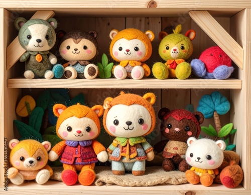 Handmade felt animal toys on shelves