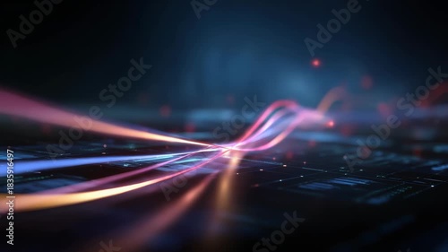 Abstract data stream visualization with glowing light trails effect