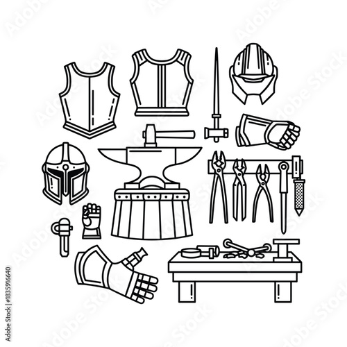 Blacksmith and Armorer Workshop Tools and Medieval Armor Line Art Icons