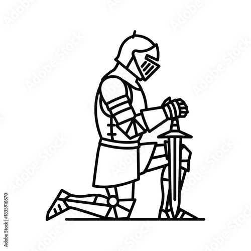 Kneeling Knight with Sword Outline Illustration