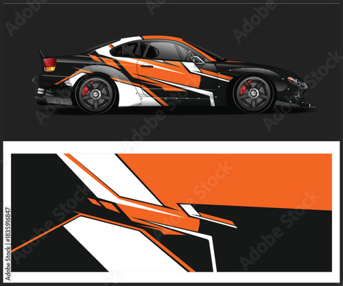 Car wrap design with orange and white geometric pattern on a black background