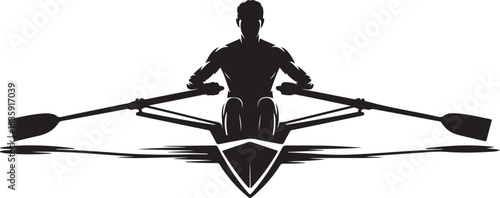 Overhead silhouette of a single scull rower in a racing shell with oars extended on white background