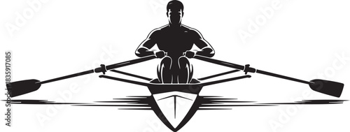 Overhead silhouette of a single scull rower in a racing shell with oars extended on white background