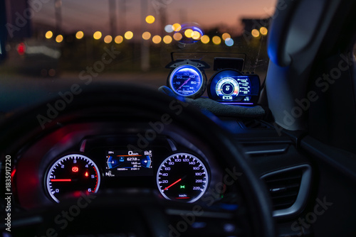 Photos Car digital speedometer,Сompass on the digital dashboard of modern car