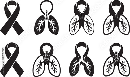 Pearl awareness ribbon forming negative-space lungs, bold black silhouette icon for lung cancer support, screening and prevention