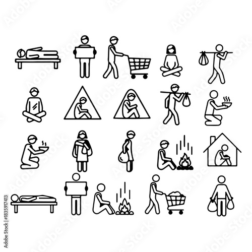 A collection of black silhouette icons depicting themes of poverty, homelessness, charity, and need