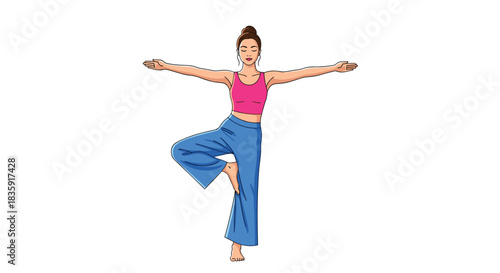 Young woman with her hair in a bun performing a balancing yoga pose with arms outstretched to the sides, isolated on a white background. Healthy lifestyle and fitness illustration.