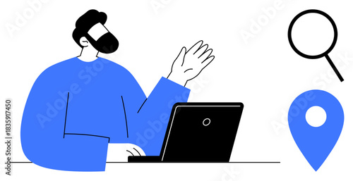 Man with beard working on laptop and gesturing, magnifying glass and location pin nearby. Ideal for technology, work, search, navigation, remote collaboration, online tools, simple flat metaphor