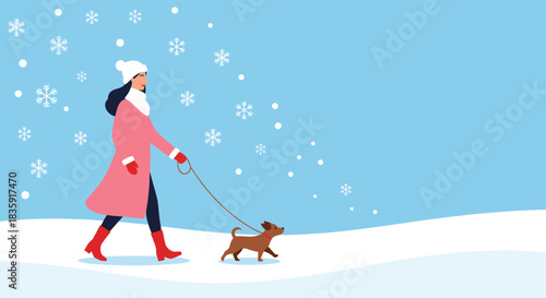 Woman in a warm pink coat, white hat, and scarf walking her small brown dog on a leash through a snowy landscape with falling snowflakes. Winter season vector illustration.