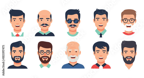 Collection of ten different male avatars with various ages, hairstyles, mustaches, beards, and glasses for user profiles. Modern flat design character heads vector set.